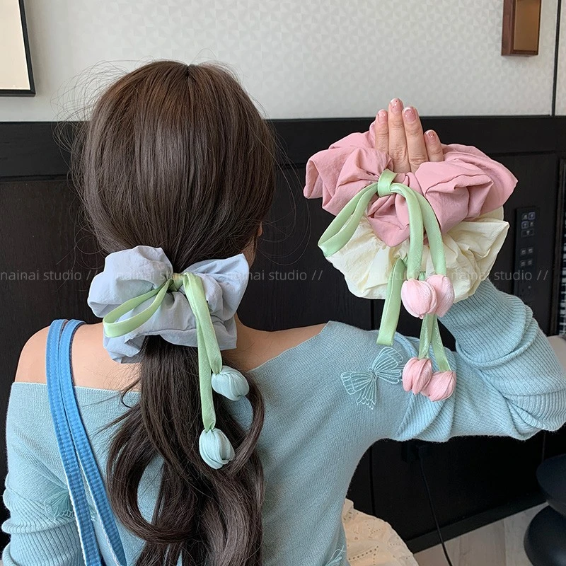 郁金香大肠发圈彩色甜美少女丸子头低马尾发绳充棉森系花朵发饰