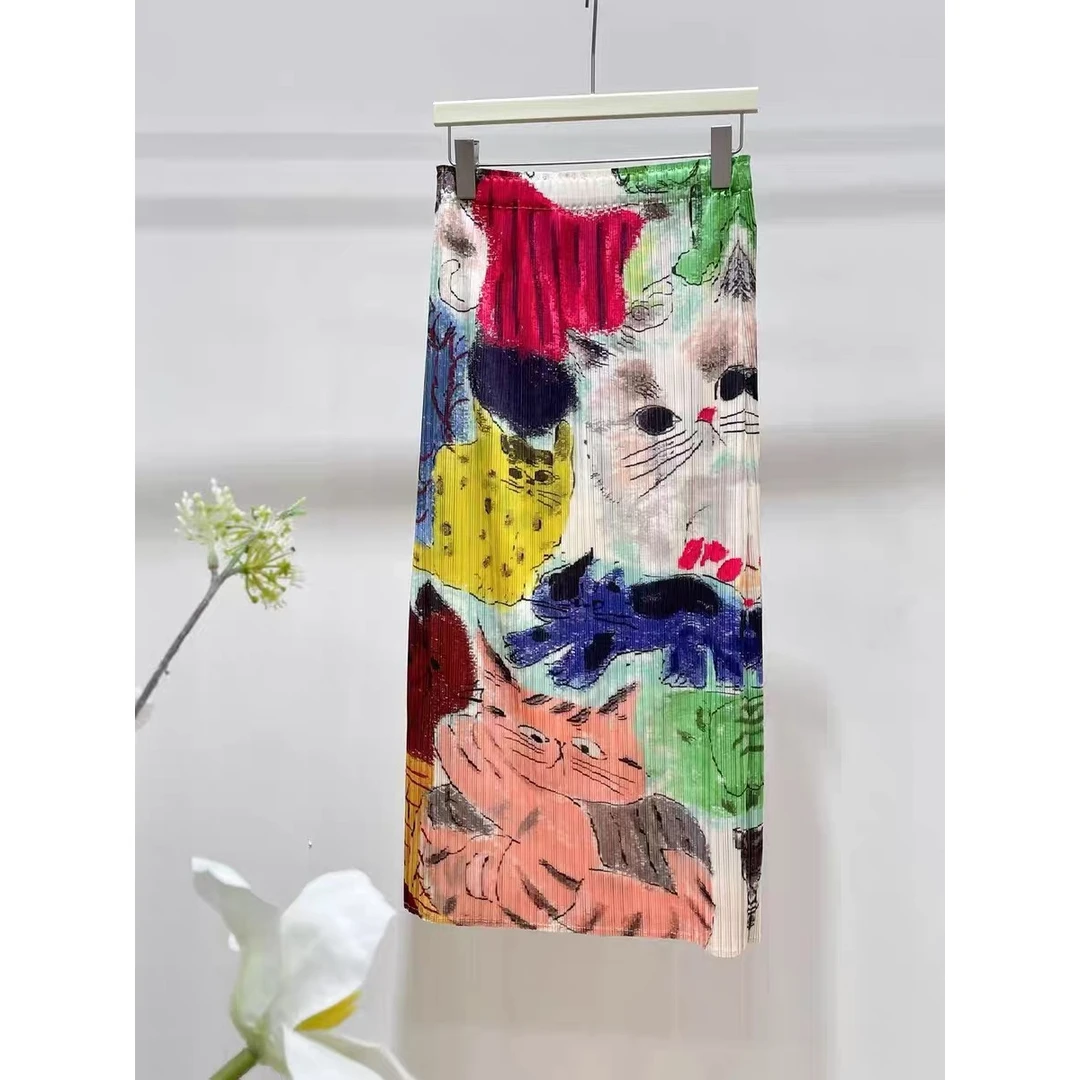 三宅褶皱印花百褶裙女夏季小众高级感显瘦高腰通勤小猫印花半身裙