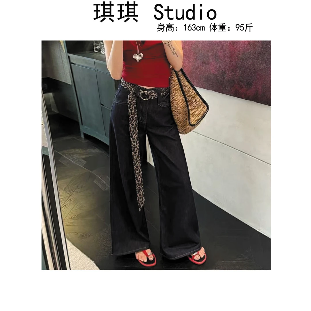 《琪琪家》夏季新款潮流气质时尚带豹纹腰带复古减龄牛仔裤7551-CS