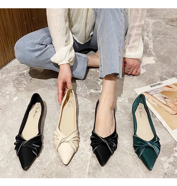 尖头平底单鞋女鞋浅口平底鞋女新款时尚瓢鞋软底蝴蝶结鞋优雅风