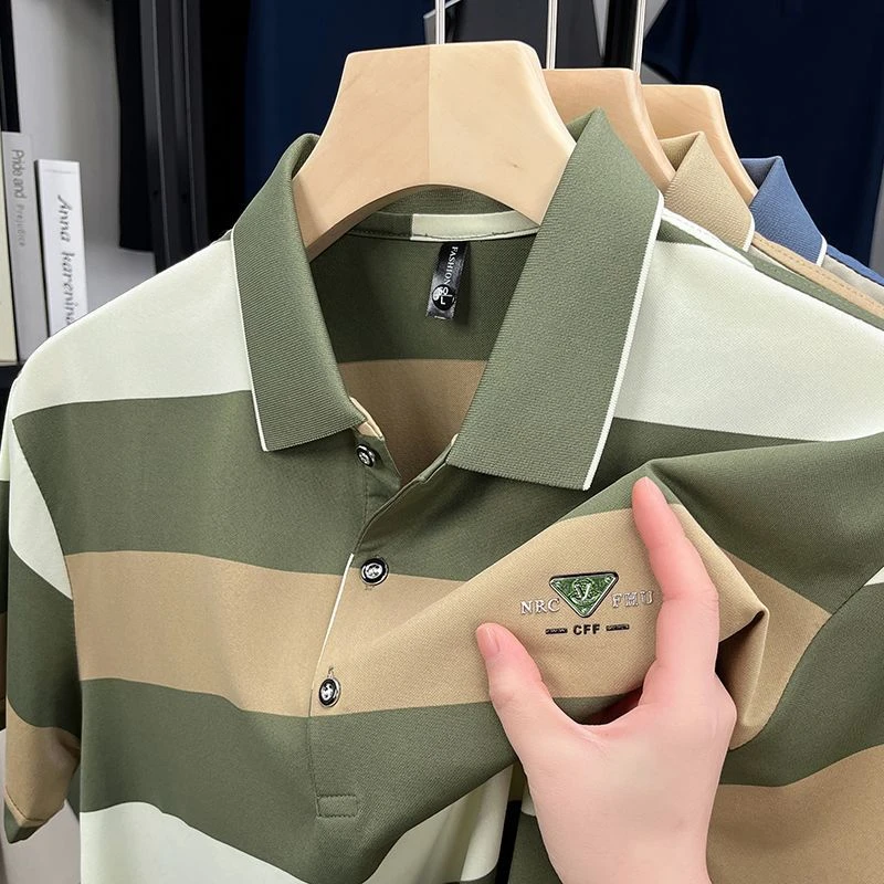 2025夏季新款爸爸装色织条中老年休闲高质量商务男士大码POLO衫