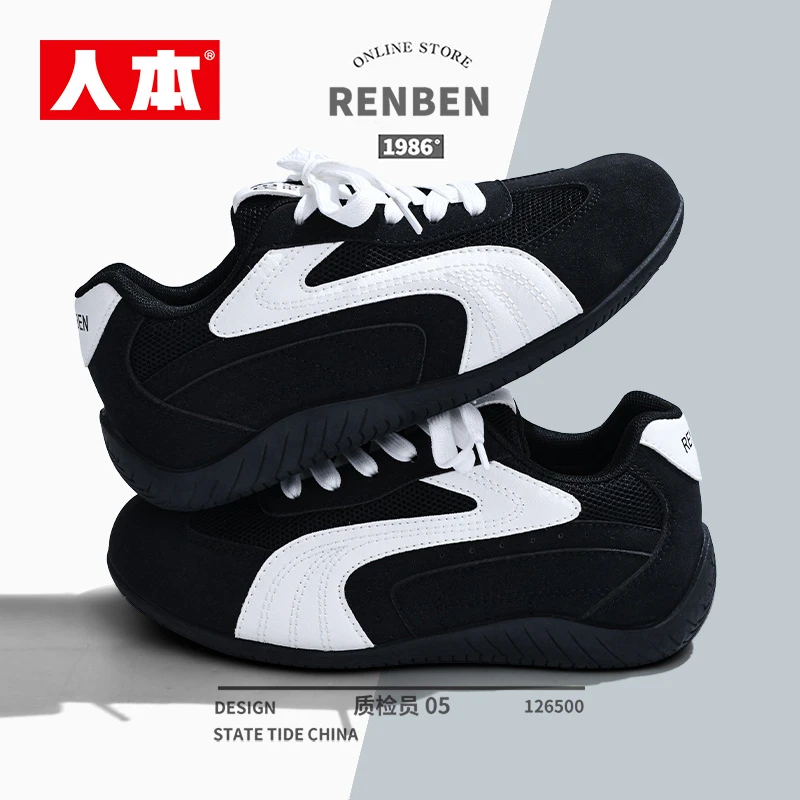 人本2025新款赛车鞋黑色软底德训鞋女内增高网面透气百搭休闲鞋