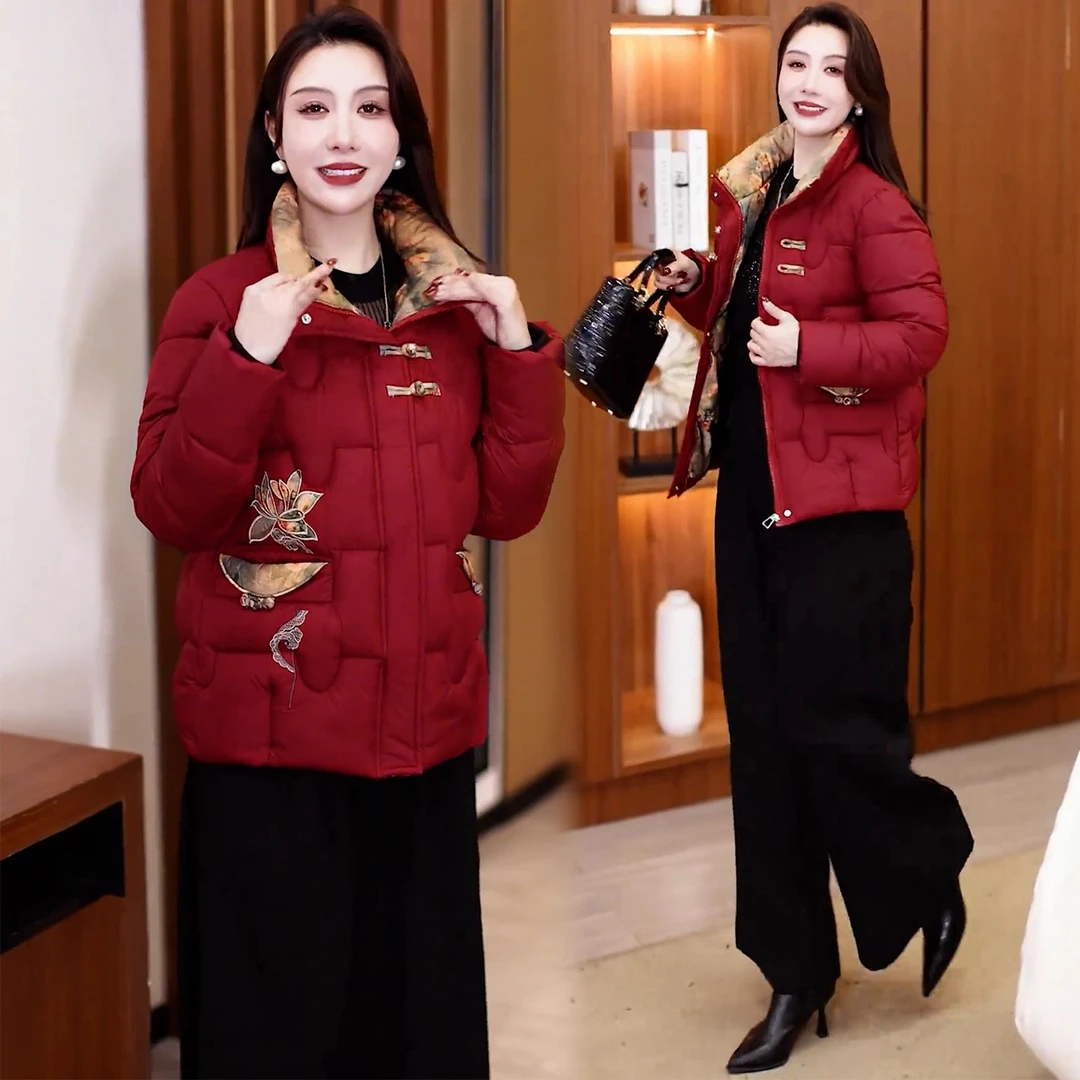 国风盘扣刺绣棉衣女2025冬季新款加厚保暖中老年妈妈装洋气潮棉袄