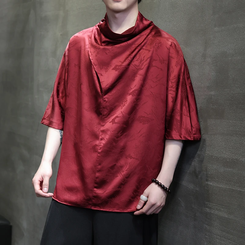 山本风不规则冰丝T恤男短袖新中式暗纹提花半袖宽松堆堆领上衣服