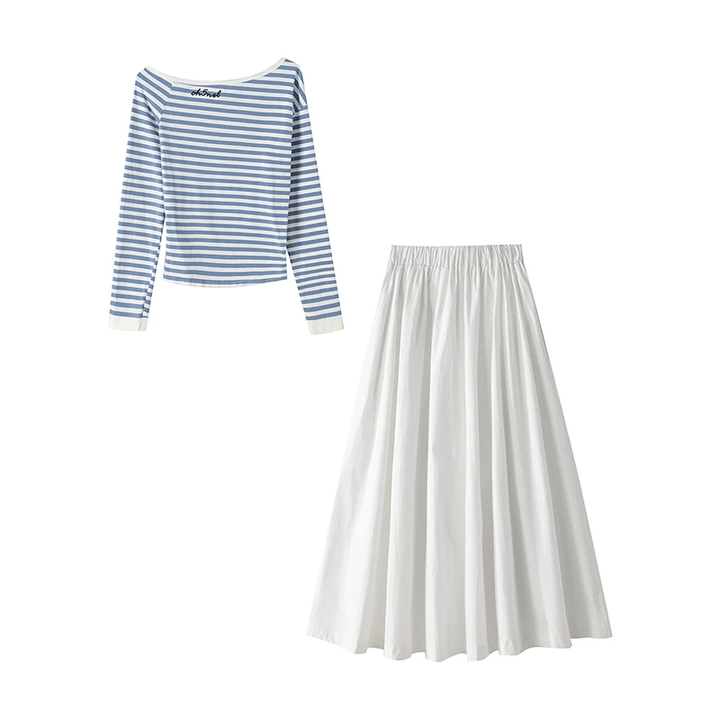 春秋穿搭一整套女新款设计感条纹针织T恤高腰半身长裙两件套2414