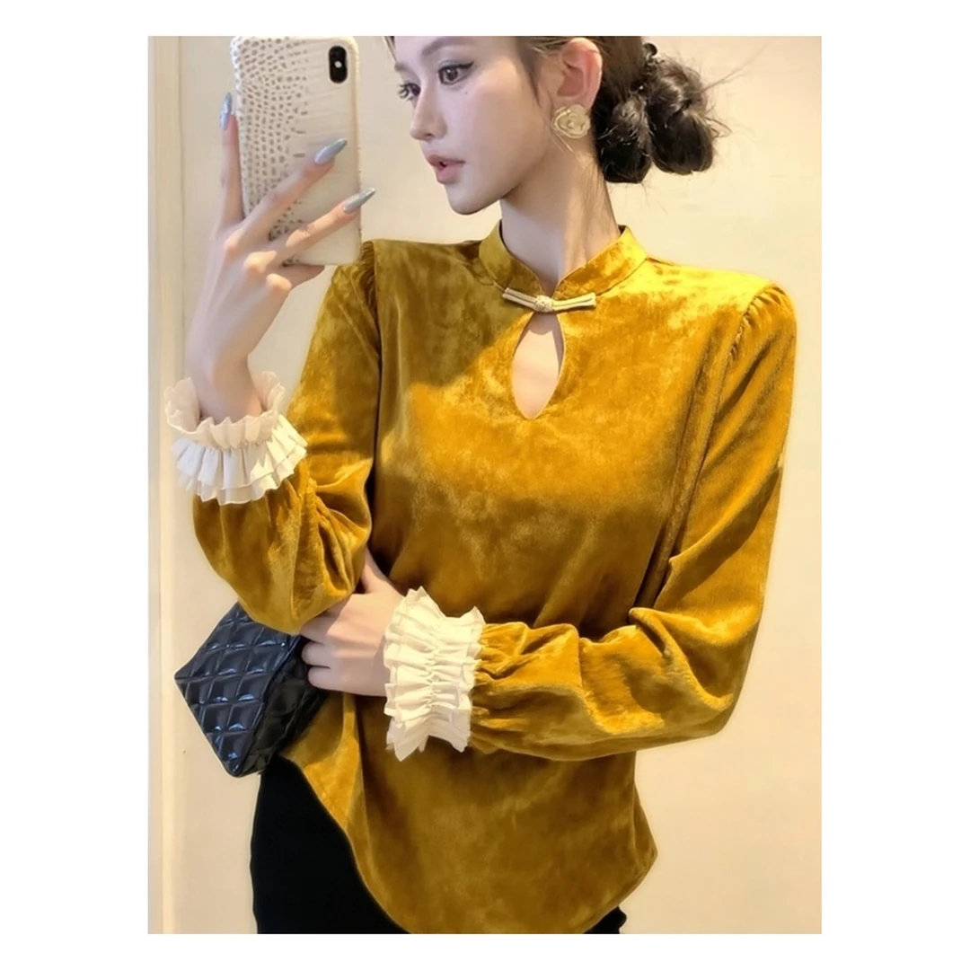 新中式黄色丝绒衬衫女冬2025新款内搭高级感独特漂亮巨好看厚上