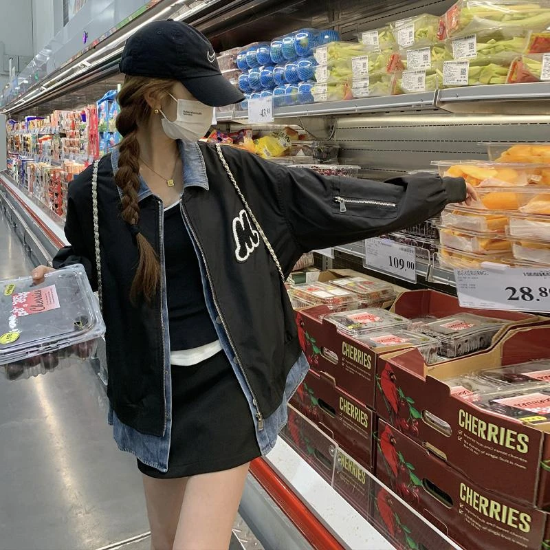 牛仔拼接假两件棒球服外套女2025春季新款设计感超好看小个子夹克