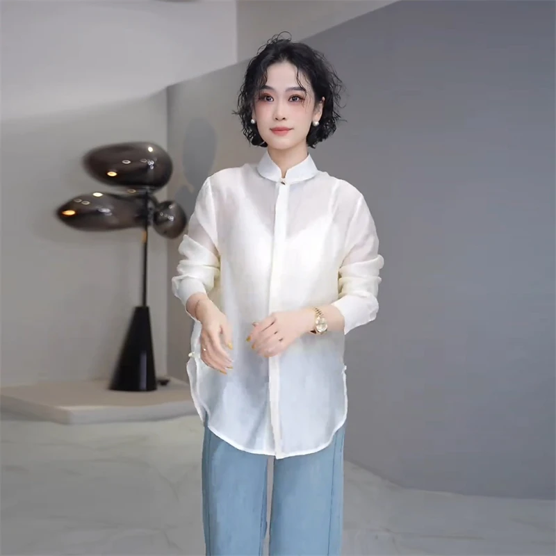 气质长袖薄款防晒衬衫女士夏季立领盘扣国风上衣休闲宽松百搭衬衣