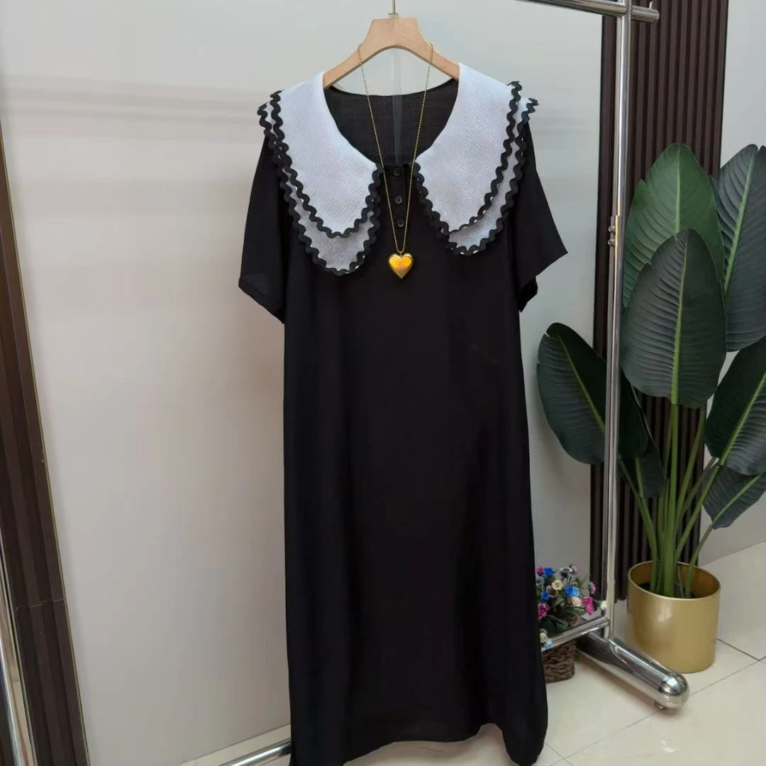 胖mm时尚气质显瘦遮肉减龄拼接夏季9098宽松百搭中长款简约连衣裙