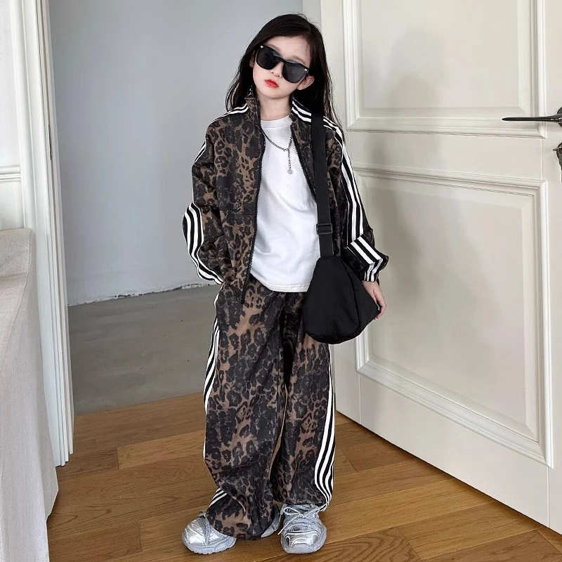 女童休闲运动套装外套裤子两件套2025洋气豹纹早秋装新款女童秋装