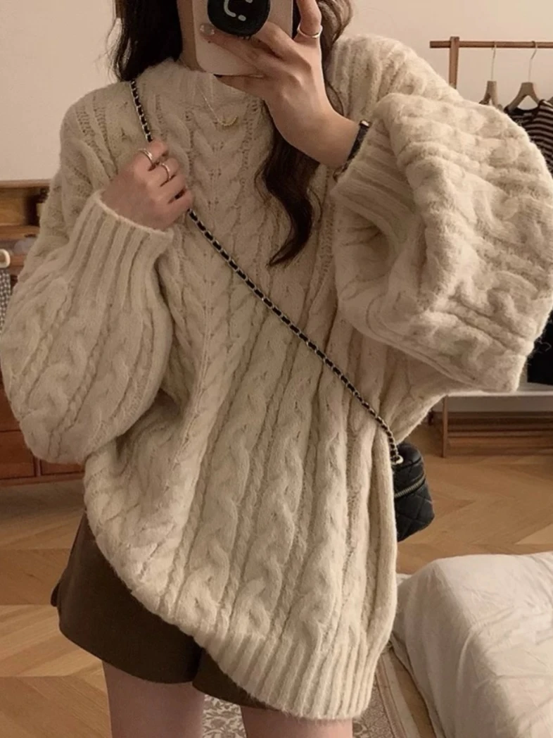 【1351-1400】冬季红色针织麻花毛衣慵懒风洋气百搭宽松加厚学院风