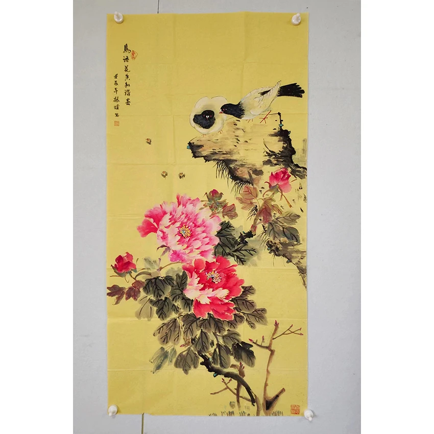 2441  纯手绘老字画《鸟语花香》中堂  尺寸 137×68