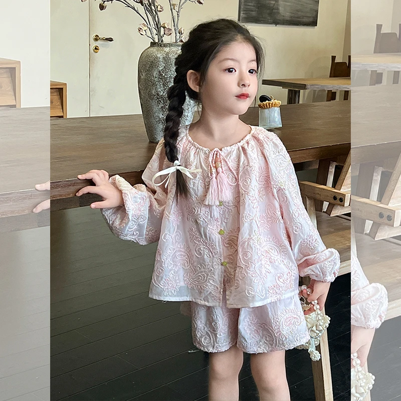 栀了成长记童装女童度假风绣花套装夏季儿童宝宝泡泡袖防晒两件套