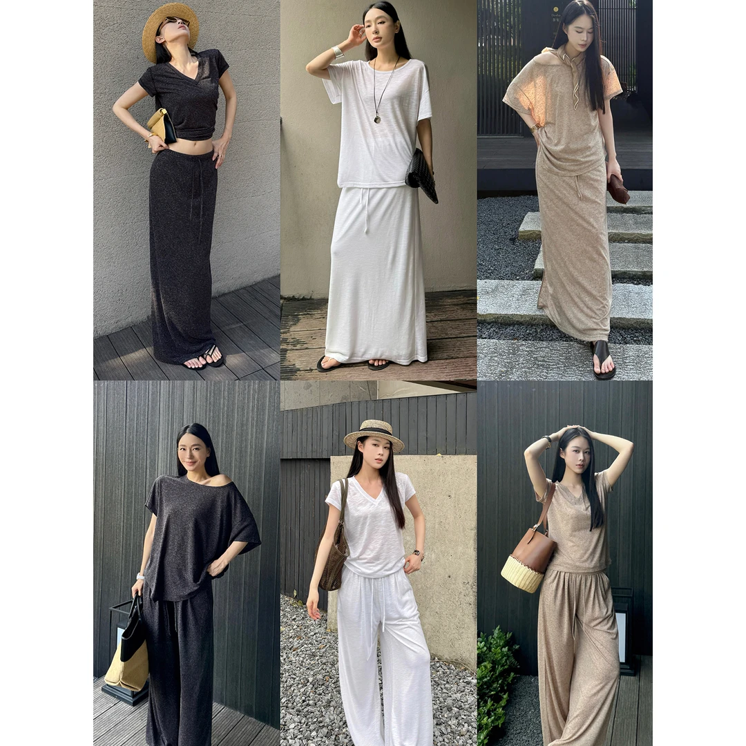 周淼【智性懒人胶囊】轻薄针织T恤女 阔腿裤半裙亚麻套装ZM25G5037J