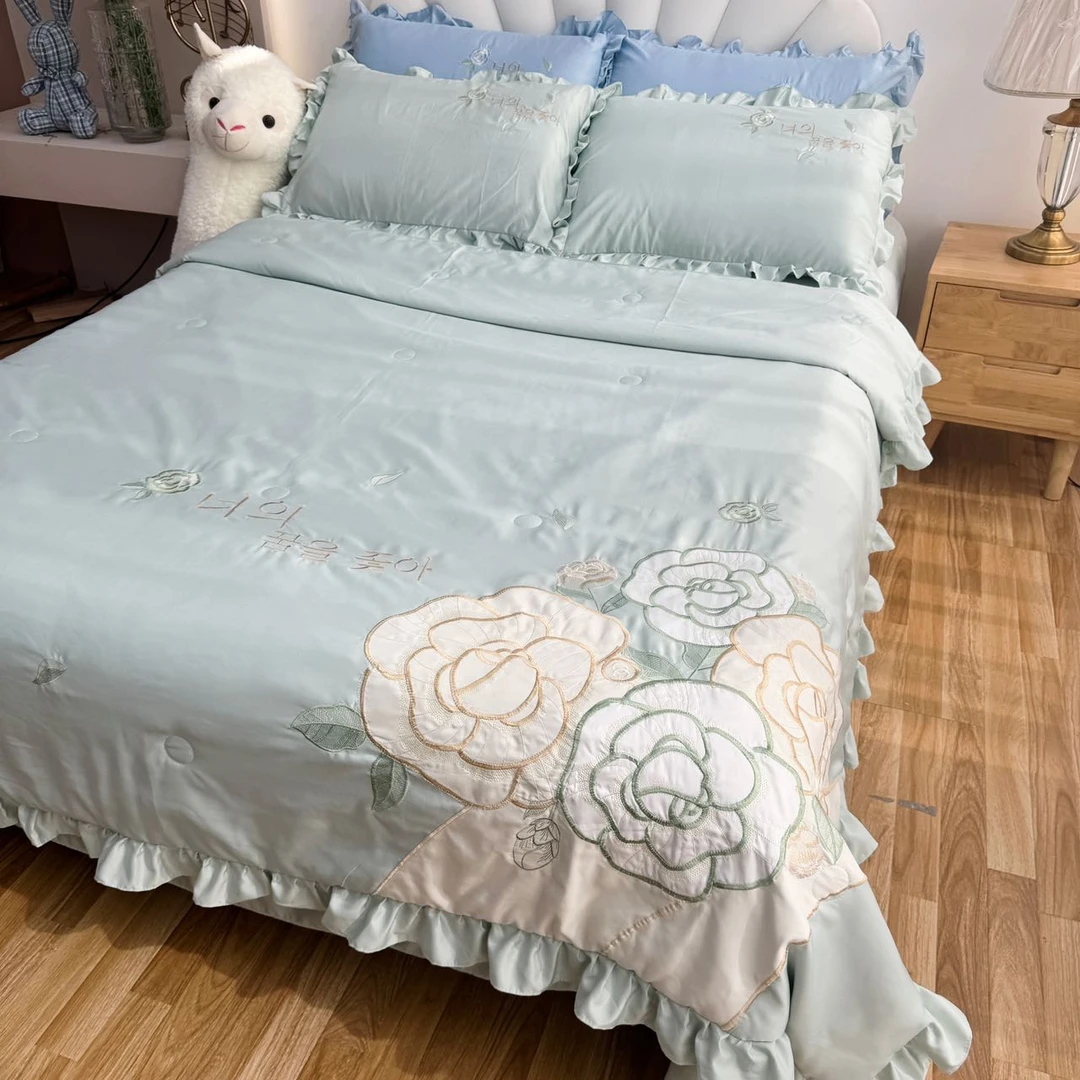【玫瑰之约】韩版刺绣木耳花边夏被四件套公主风凉感夏凉被四件套
