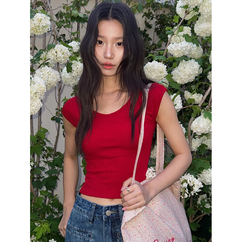 【夏日圆脸2in1自带胸垫】韩系U领小飞袖T恤女修身上衣W024C