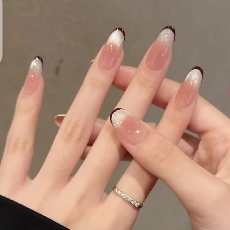 【浮光暮色】美甲气质猫眼法式冰透腮红纯手工穿戴甲中椭圆好高级