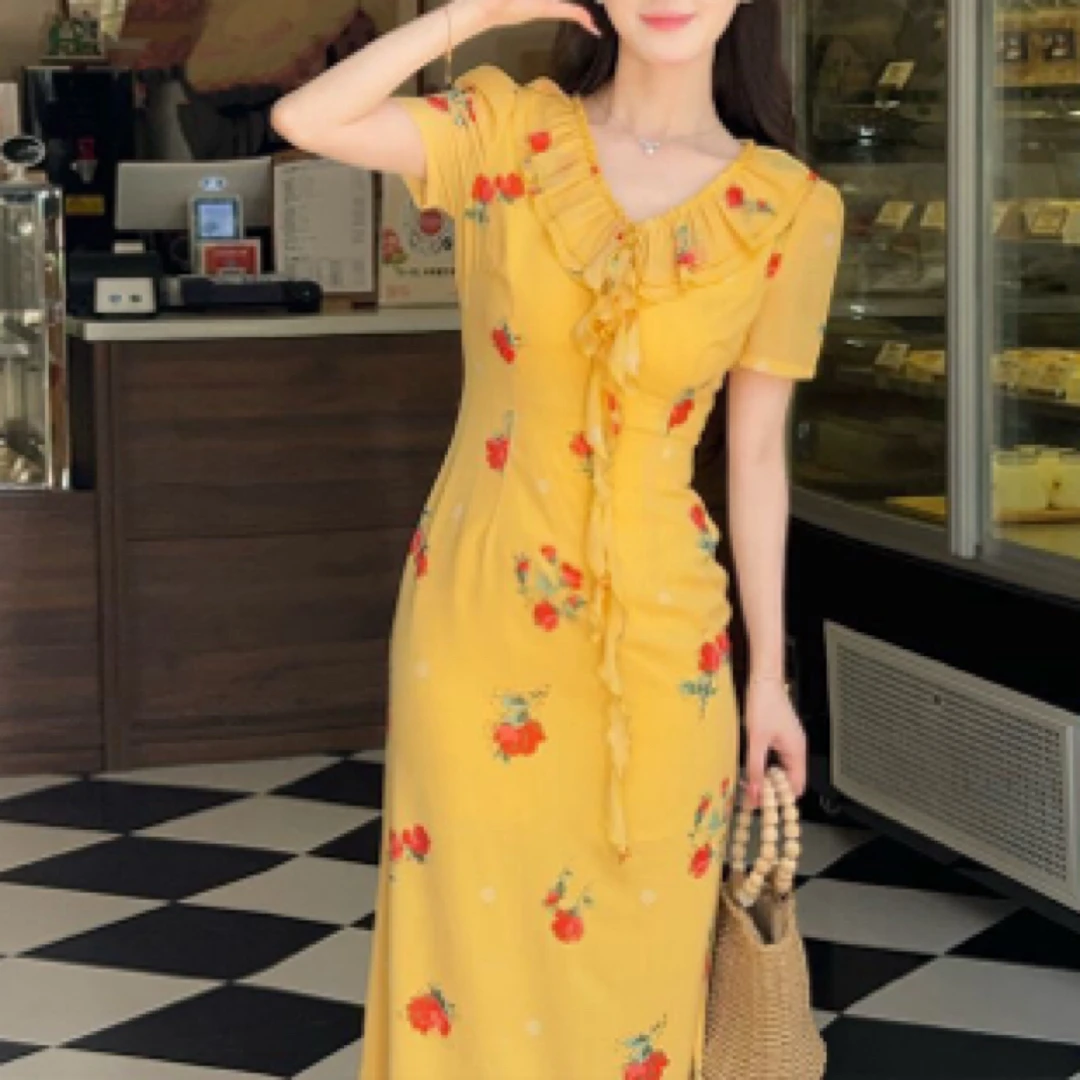 淑女风连衣裙轻奢复古温柔碎花显瘦气质少女