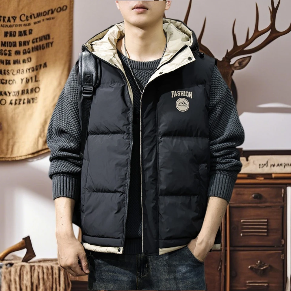 高端羽绒马甲男士2025爆款潮牌冬季马夹连帽无袖外套大码秋冬背心