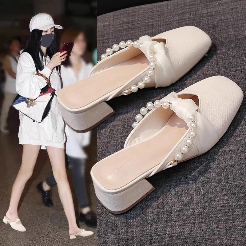 CUFK严选~仙女风法式珍珠包头半拖鞋女2025春夏新款高跟鞋粗跟中