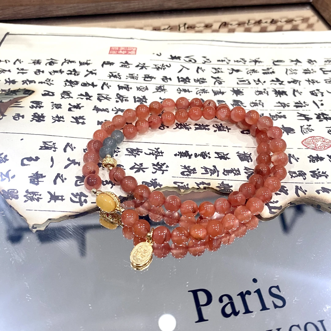双圈高货南红玛瑙配蜜蜡珠吊坠女款叠戴精美手链 多样性发一SL143