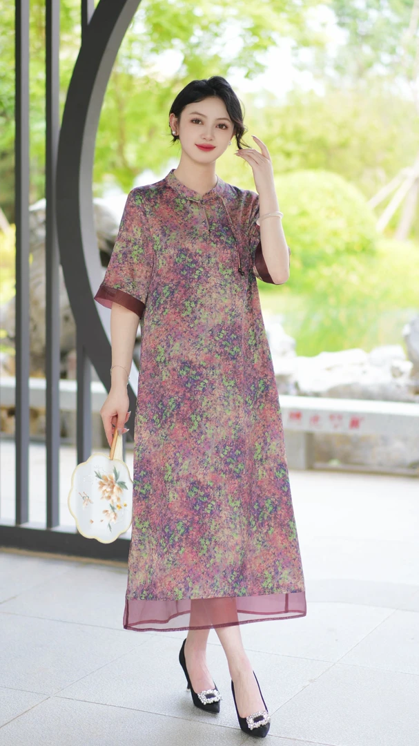 255258针丝欧根纱中式领水滴连衣裙