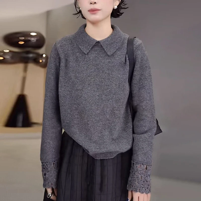 秋冬慵懒风灰色翻领毛衣女高级感洋气减龄蕾丝钩花打底针织衫上衣
