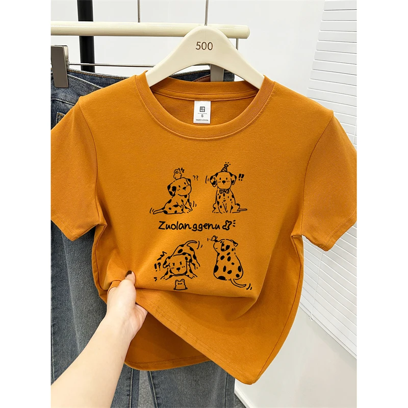 胖MM大码女装正肩显瘦圆领短袖t恤2025夏季新款小狗印花半袖上衣