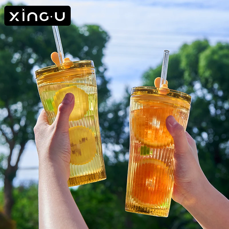 【竖纹吸管杯】高硼硅隔热玻璃水杯办公室喝茶杯双饮咖啡杯奶茶杯