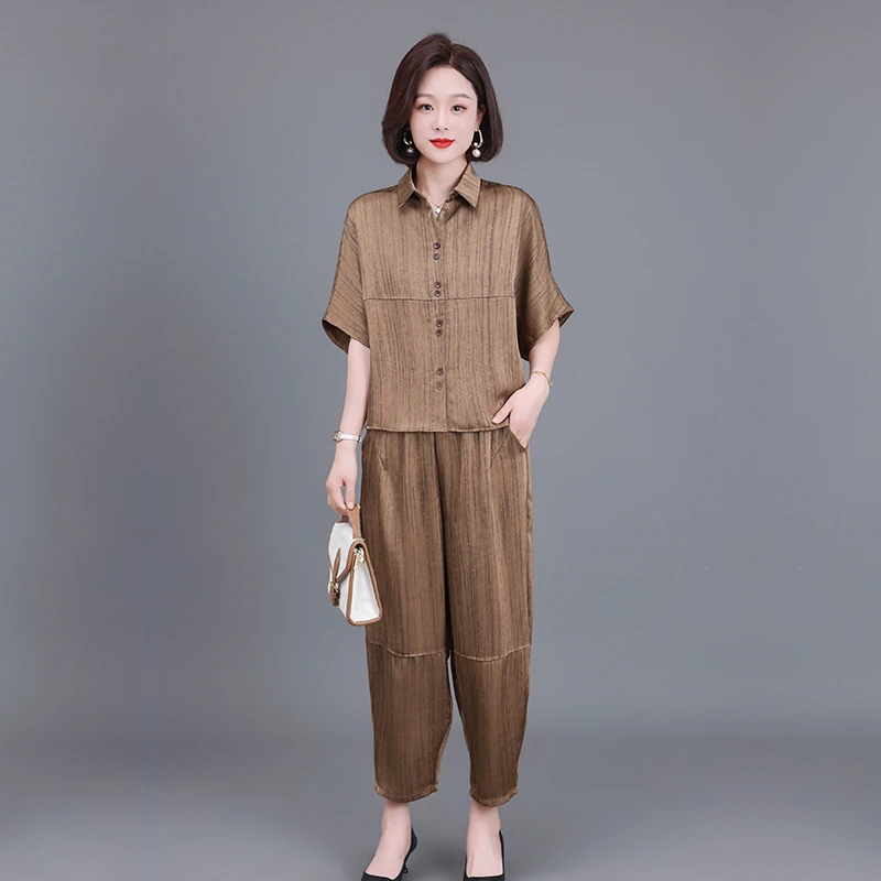 新款夏季气质减龄显瘦套装洋气时尚大码妈妈休闲上衣裤子两件套