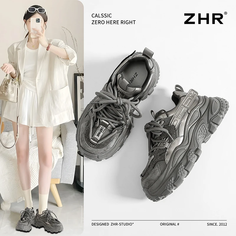 ZHR则则厚底老爹鞋女2024秋冬新款百搭显脚小松糕轻便休闲运动鞋