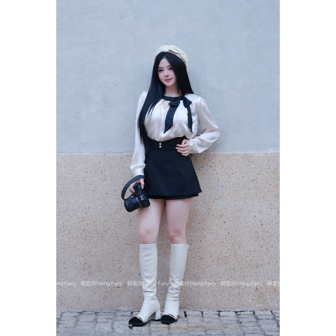 现货萌面侠【梨花落雪】气质蝴蝶结拼接衬衫高腰西装裙裤7084M7089M