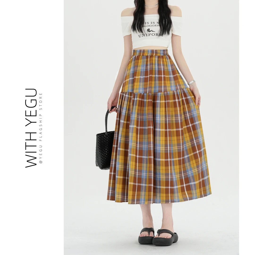 学院风格纹半身裙女夏季薄款高腰褶皱拼接a字格子裙中长款蛋糕裙