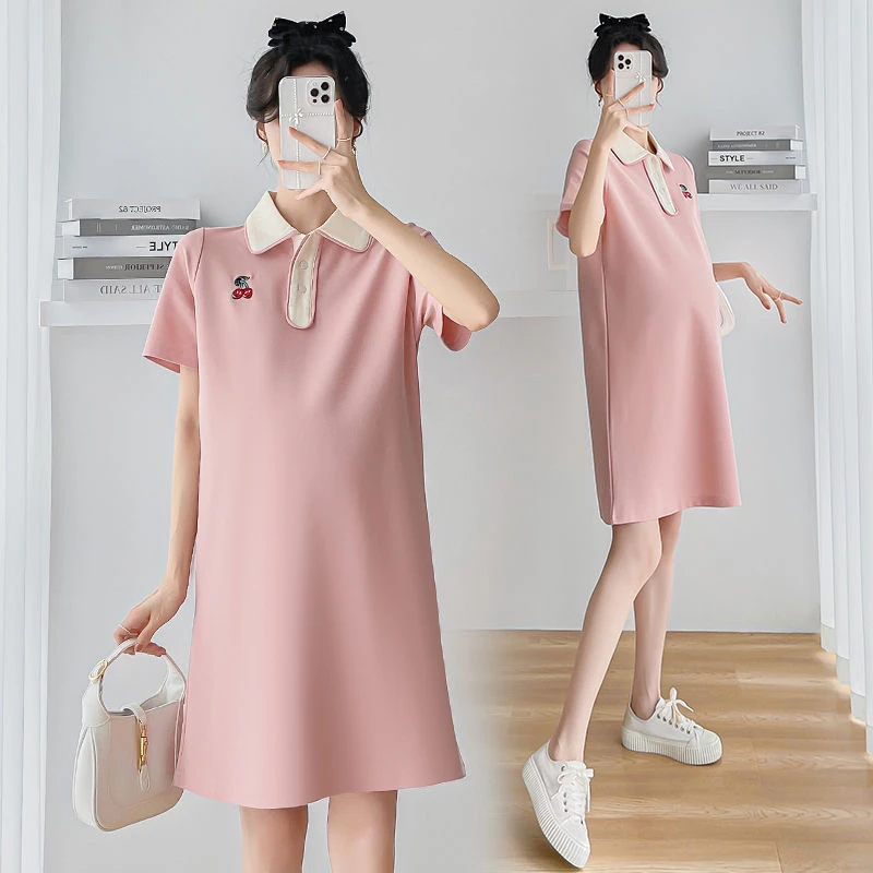 孕妇夏装连衣裙2025新款夏季短袖polo领小个子网红孕妇裙子女夏天