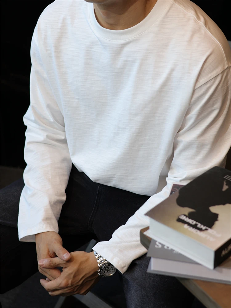 简素Design横纹竹节棉简约宽松打底T恤衫男休闲纯棉运动上衣春秋