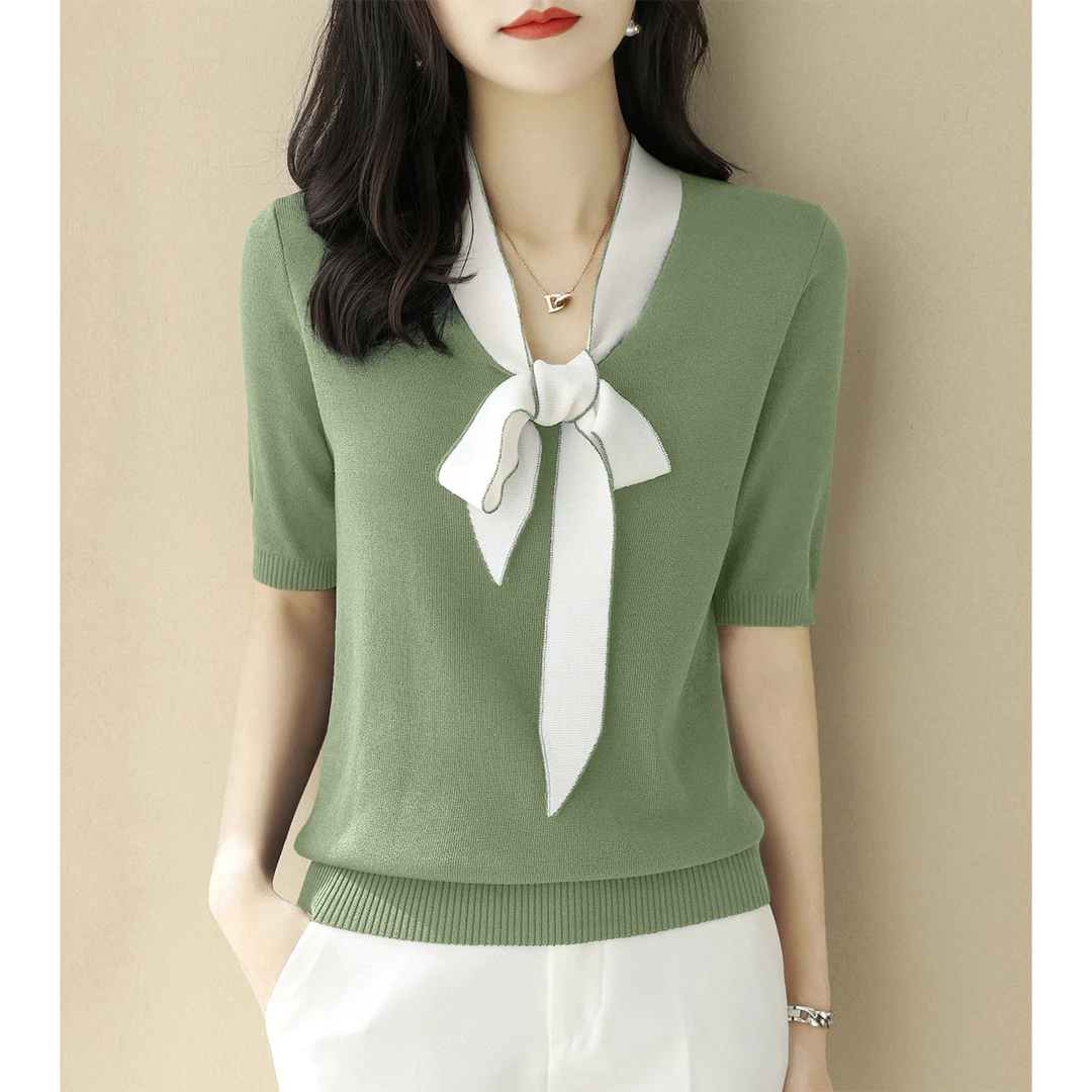 2025年夏季新款女装宽松五分袖针织衫V领飘带系带蝴蝶结拼色上衣