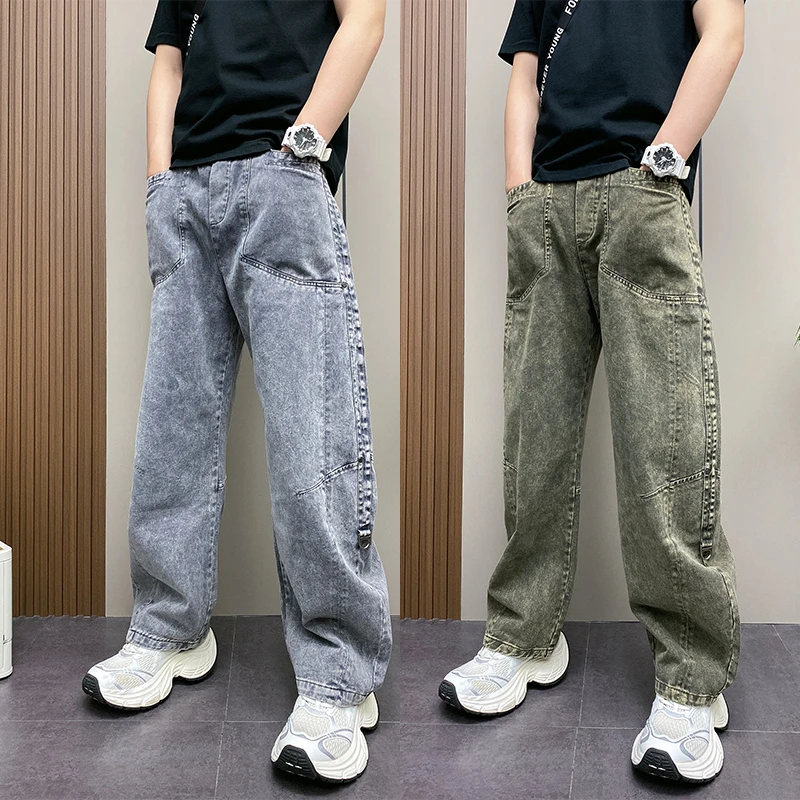 2025春夏美式痞帅牛仔裤宽松男士潮流弯刀裤休闲水洗复古工装裤男