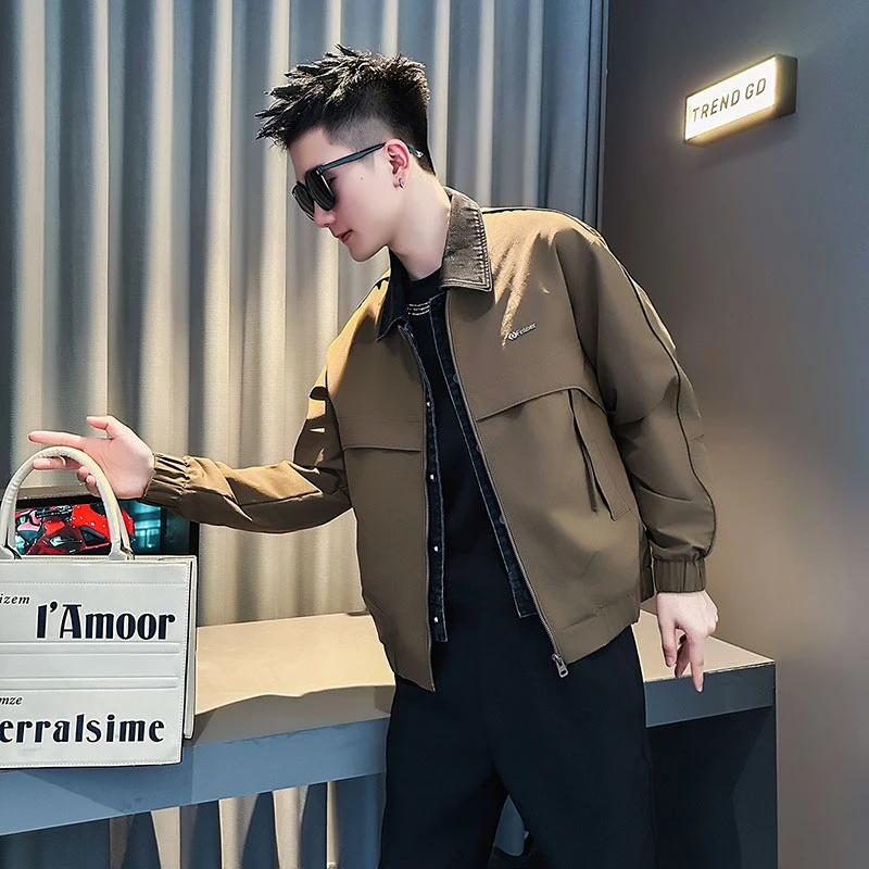 高级感拼接牛仔假两件男士外套秋冬男装秋季款爆款2025新款夹克男