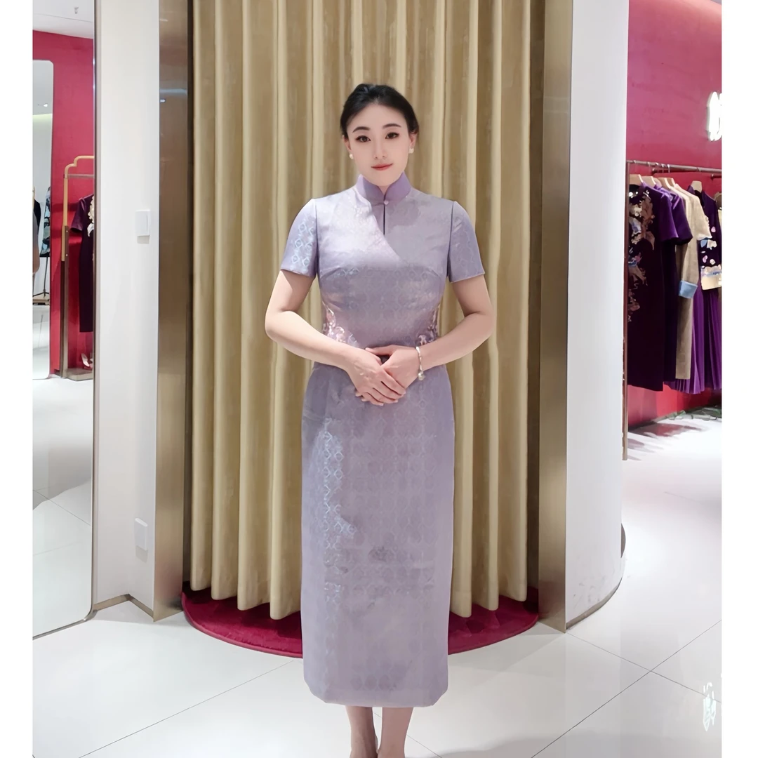 朱紫褕170058旗袍/紫色/2025春季新款/气质修身/提花/中长款/日常
