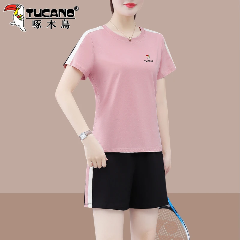 啄木鸟2025新款中年妈妈休闲短袖上衣短裤两件套棉运动服套装女