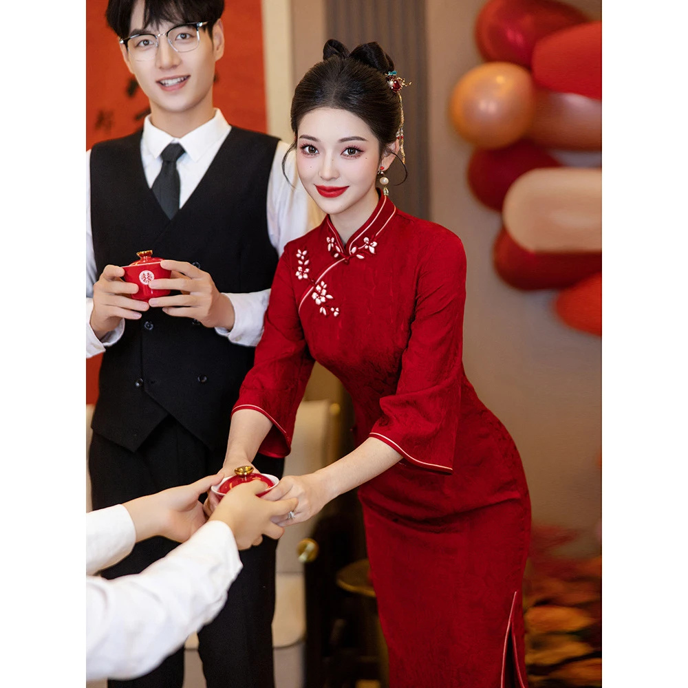 倒大袖旗袍敬酒服新娘红色中式订婚礼服裙结婚当天便装秋冬季长袖
