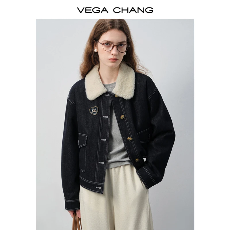 VEGACHANG【冬日胶片】复古牛仔外套女2025新款秋冬毛领棉服0339XT