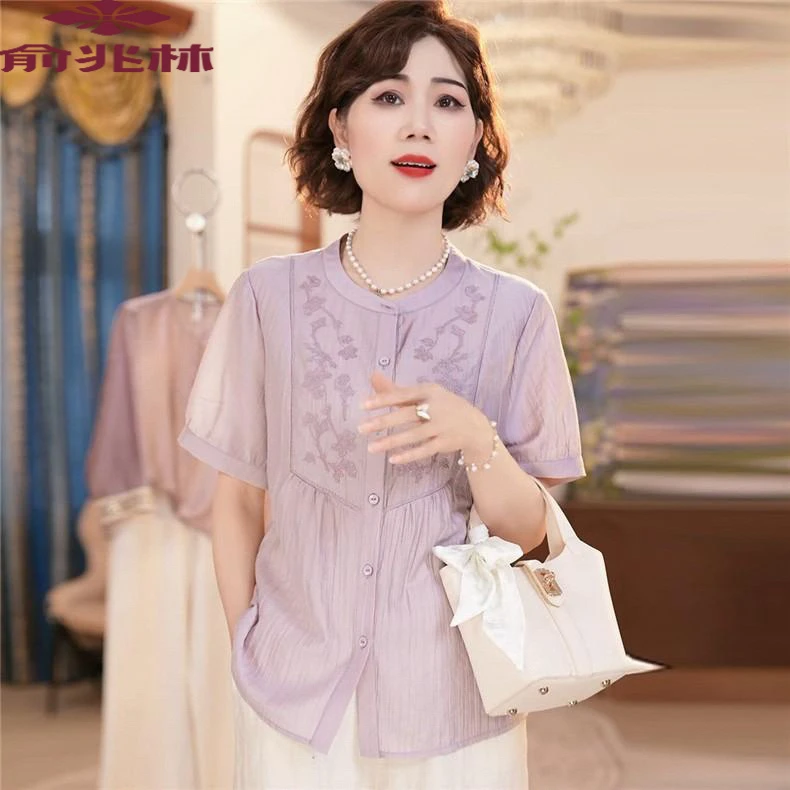 2025中老年妈妈高档短袖衬衣开衫新款夏季衬衫洋气时尚妈妈装夏季