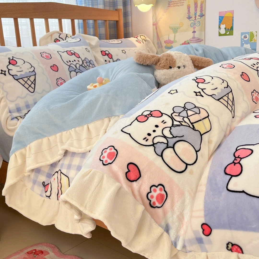 韩版卡通猫咪加厚牛奶绒四件套学生宿舍珊瑚绒单人三件套床笠款