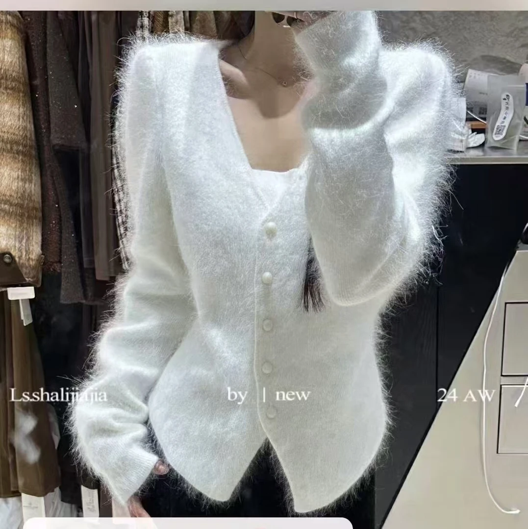 一粒扣单排扣兔毛针织衫温柔女装轻奢圆领针织衫显瘦毛衫ins