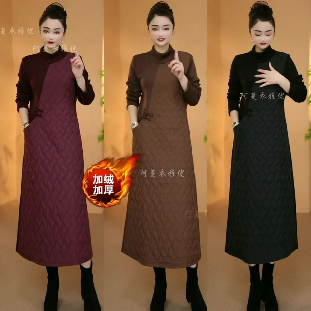 【衣雅严选】8189-2572#新款加棉加厚加长款保暖显瘦遮肉连衣裙