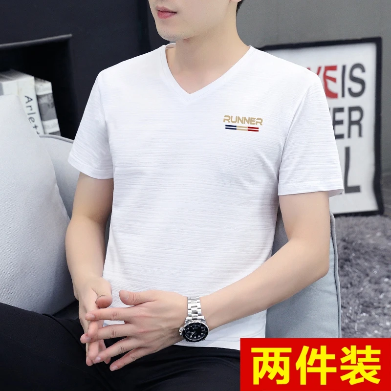 高档冰丝纯棉V领男士短袖t恤夏装打底衫上衣服青年简约体恤男装潮