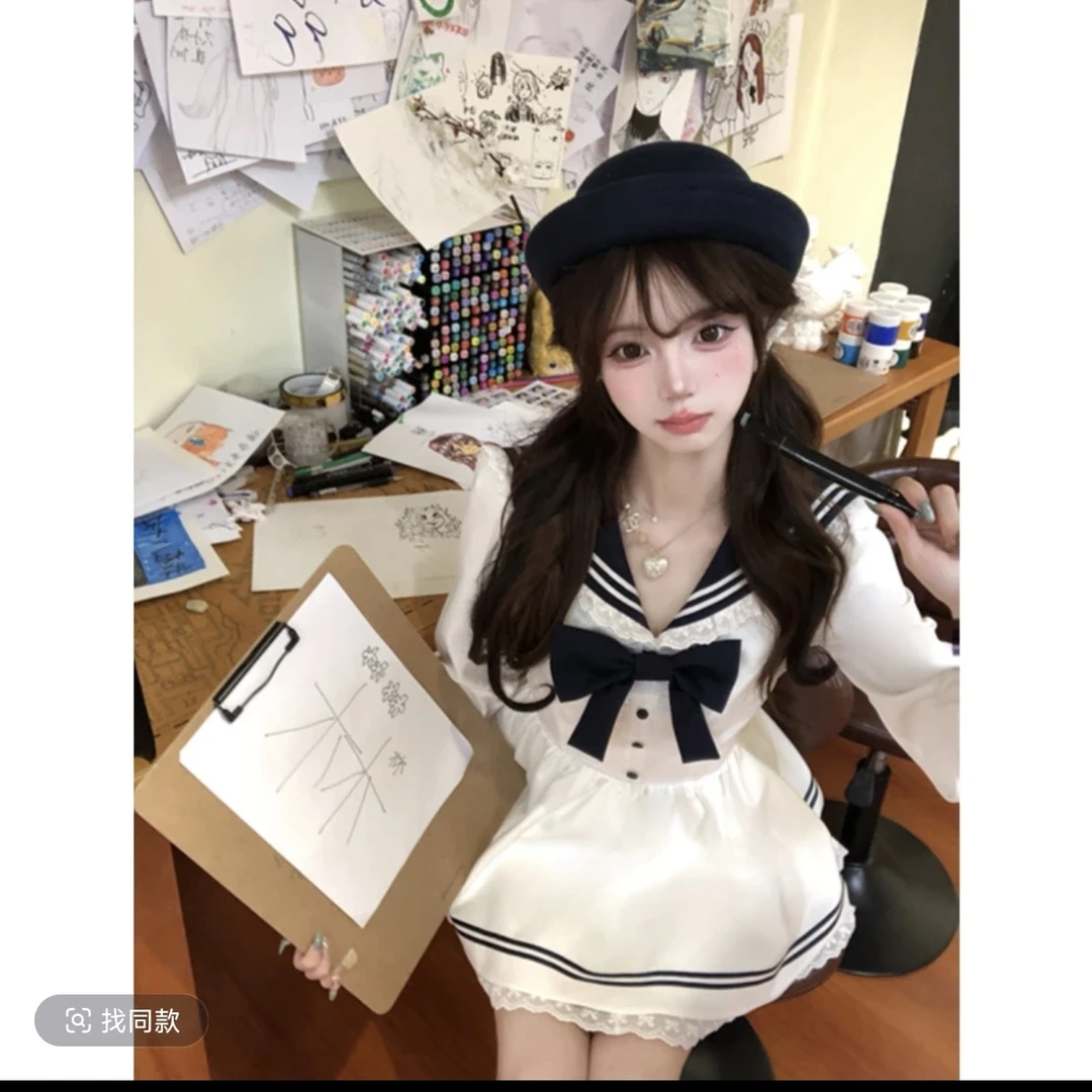 早秋韩系千金学院风白色海军领长袖连衣裙撞色拼接蝴蝶结收腰短裙