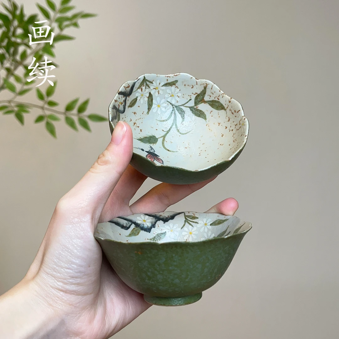 画续绿色手绘蝴蝶茶杯釉下彩内绘家用功夫茶具品茗杯礼盒装精致