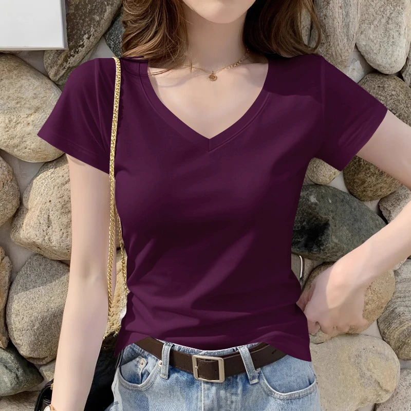 新款白色V领宽松短袖T恤女莫代尔正肩设计冰丝纯色T恤夏季打底衫